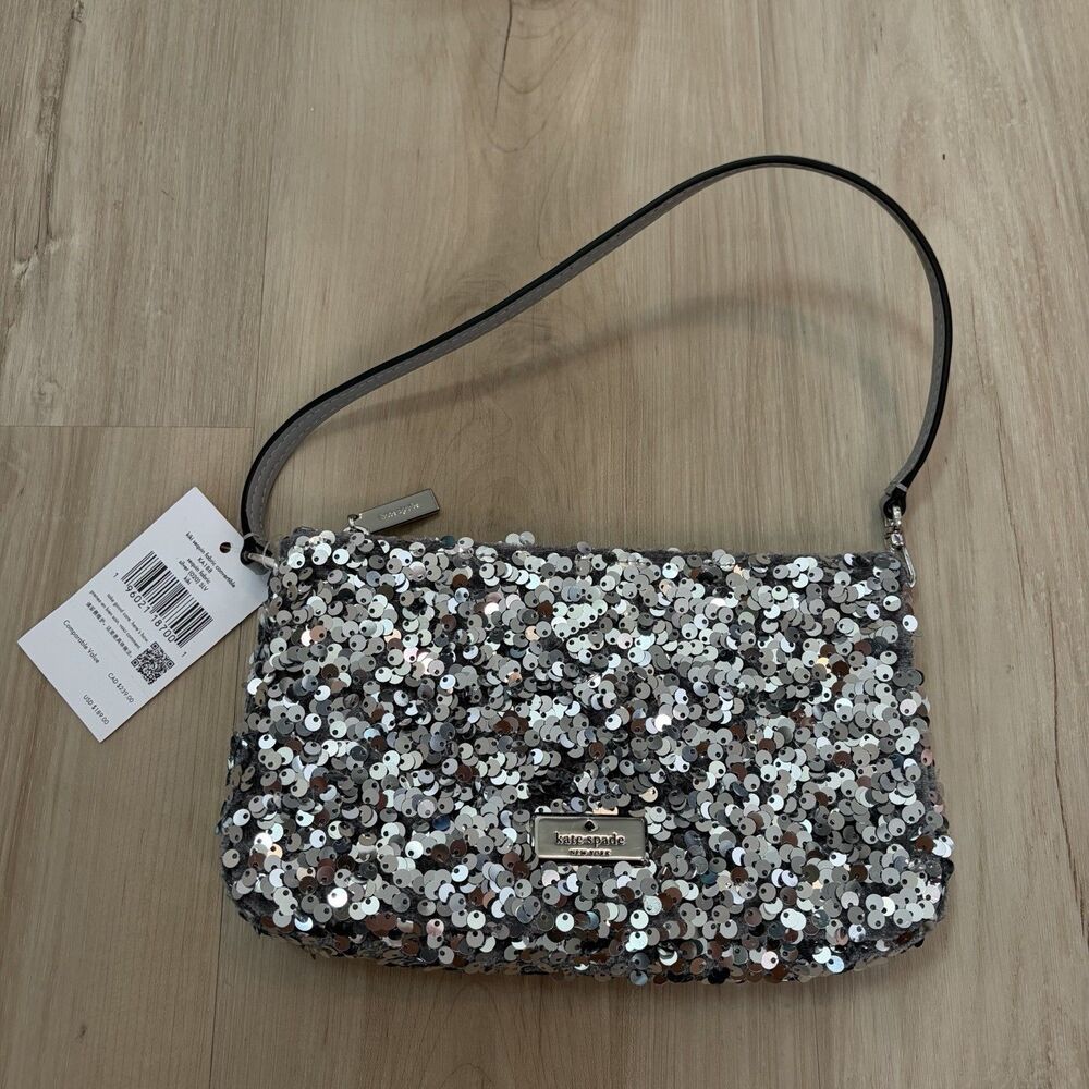Kate Spade New York Kiki Sequin Fabric Wristlet/Clutch Gray Silver Sparkly